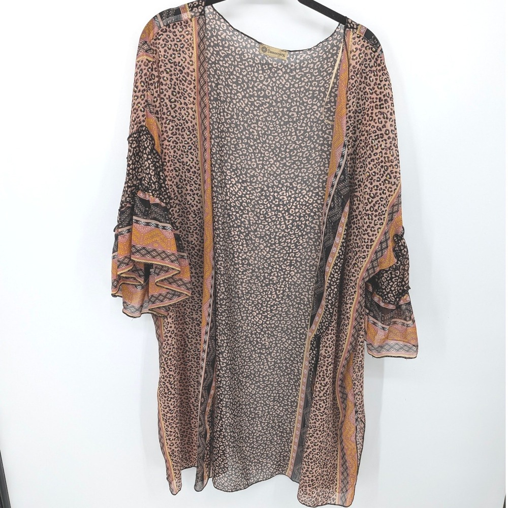 Democracy Kimono Womens 0X/1X Leopard‎ Print Boho Tiered Bell Sleeve Sheer Boho